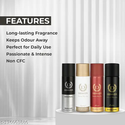 DENVER Black Code,Caliber,Honour & Imperial Nano Travel Size Pack Deo Perfume Body Spray - For Men (50ml X 4 )