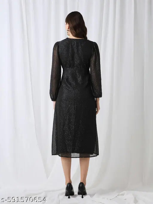 Globus Women Black V-Neck Bishop Sleeves Lurex Detail Georgette Fit & Flare Midi Party Dress