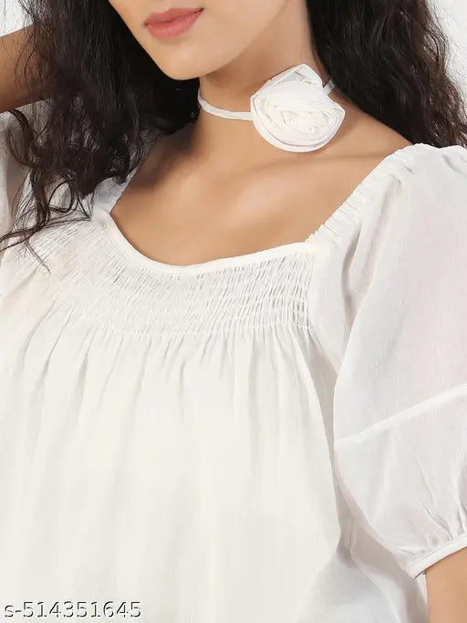 SHOWOFF Women's Solid Square Neck White Top with Flower Bow