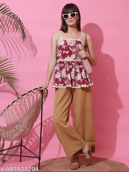 Honky Tonky Women’s Red Floral Printed Sleeveless Peplum Top with Wavy Trim Detailing