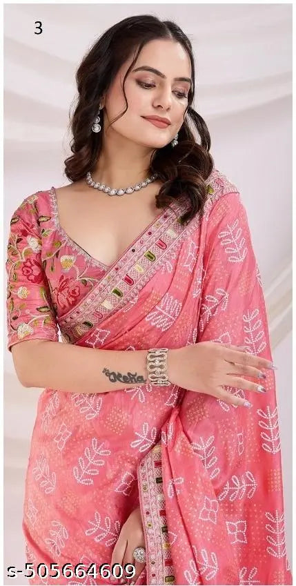 Women's Vichitra silk print Embroidery saree with mono banglory Blouse