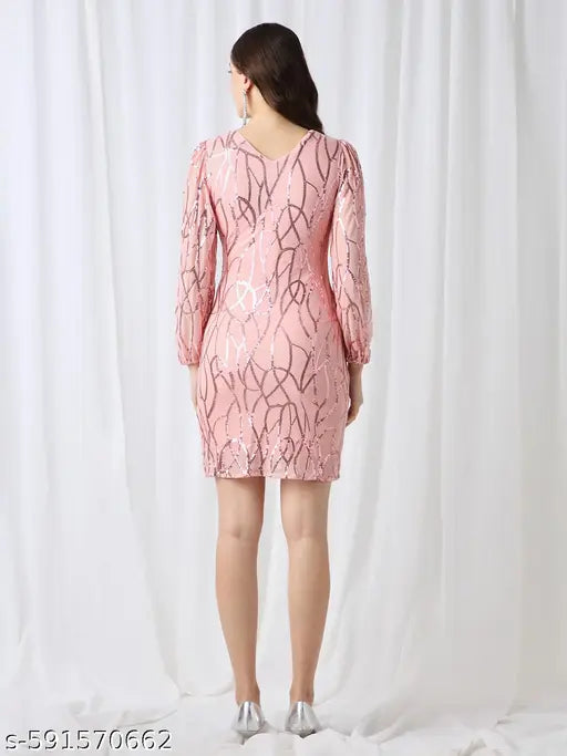 Globus Women Pink V-Neck Bishop Sleeves Embellished Mini Bodycon Party Dress