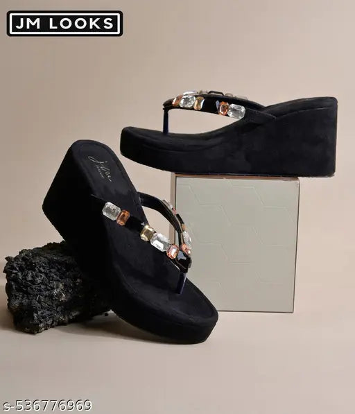 JM Looks Women's Rhinestone Sandals High | Low Platform T-Strap Jewel Sandals High Wedge Flip Flops Sandal Summer Beach Sandal