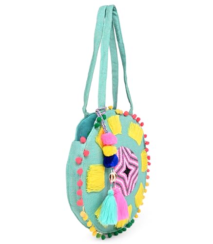 Boho Girl Multicolor Cotton Chateau Rose Beaded Round Tote | Boho Beach Handbags For Women and Girls - SaumyasStore