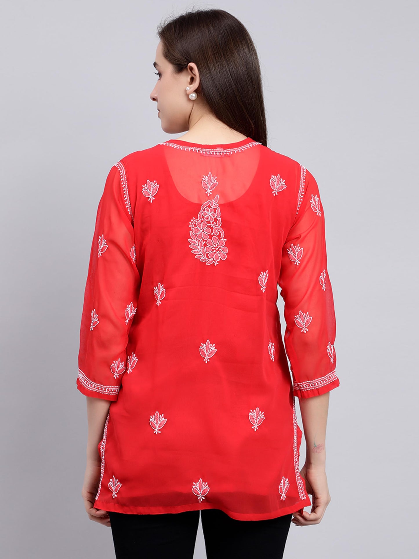 Seva Chikan Hand Embroidered Red Georgette Lucknowi Chikankari Top with Slip (Red) - SaumyasStore