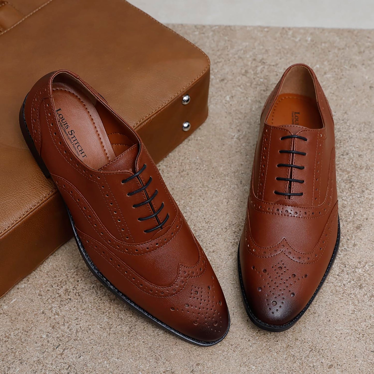 LOUIS STITCH Men's American Tan Wingtip Brogue Style Comfortable Formal Shoes Lace Up Shoe for Men (RGBG-) (Size- 11 UK) - SaumyasStore