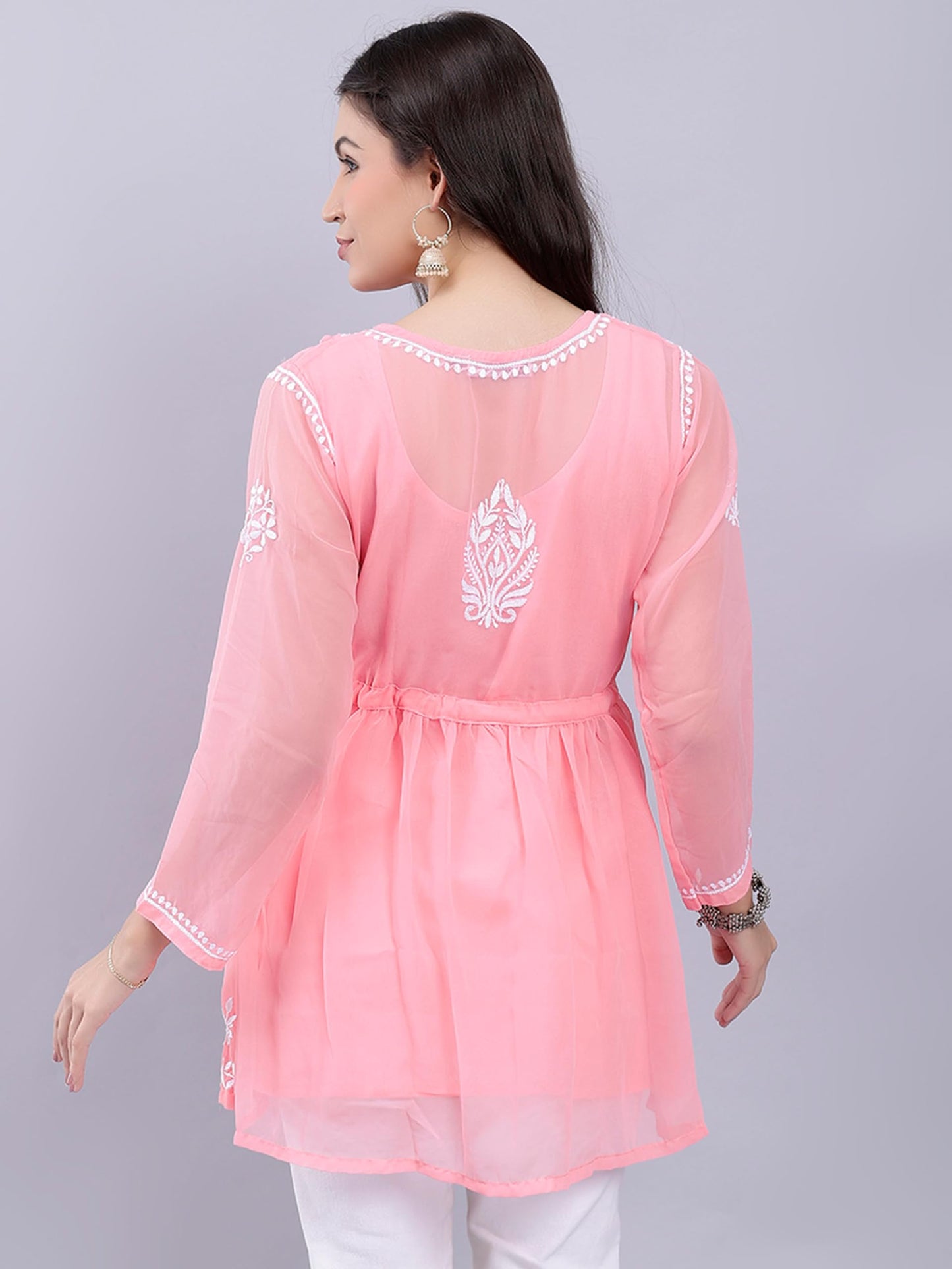 Seva Chikan Hand Embroidered Peach Georgette Lucknowi Chikankari Top with Slip (Peach) - SaumyasStore