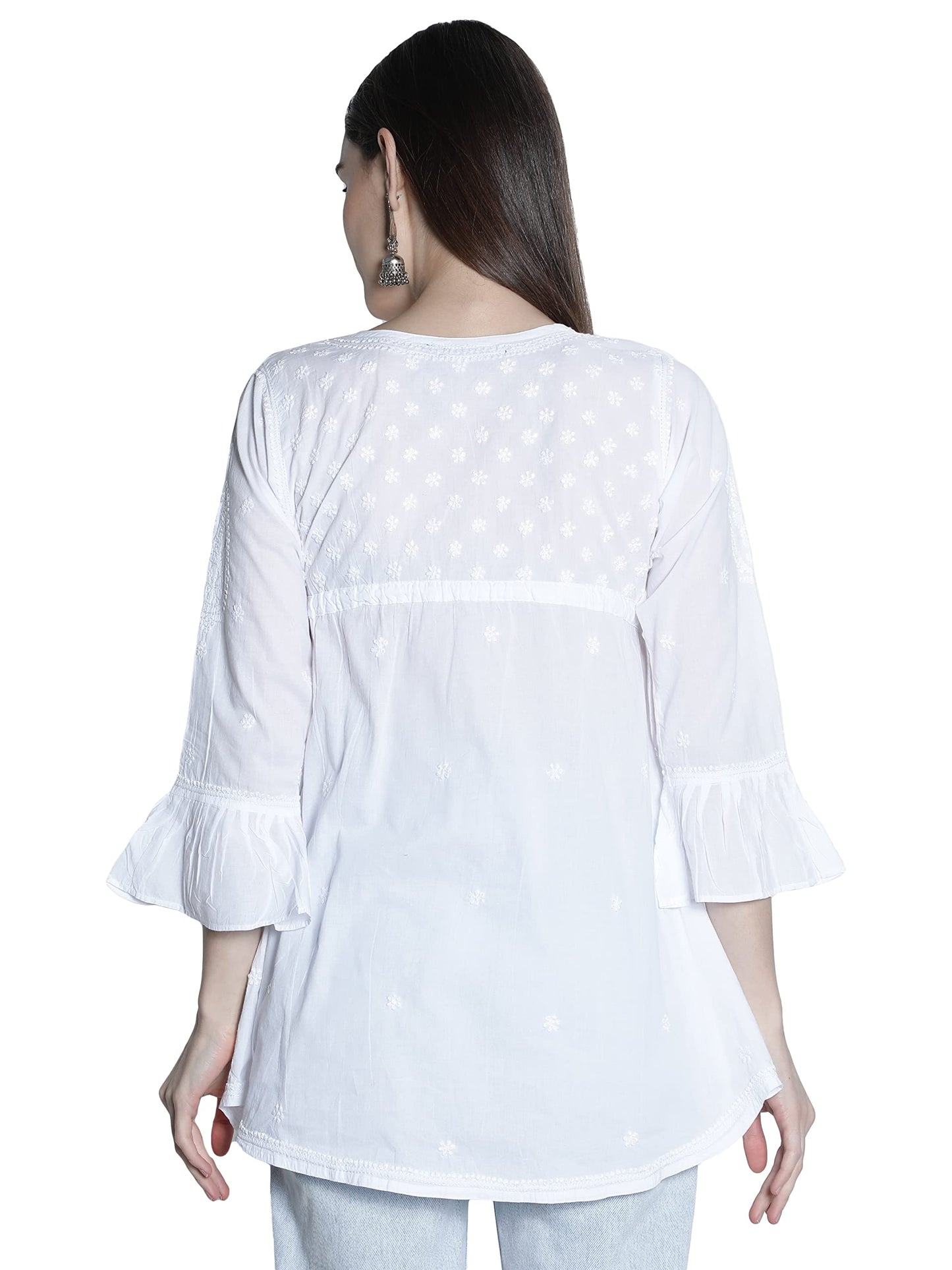 Seva Chikan Hand Embroidered White Cotton Lucknowi Chikankari Women's A-line Top Tunic -(White) - SaumyasStore