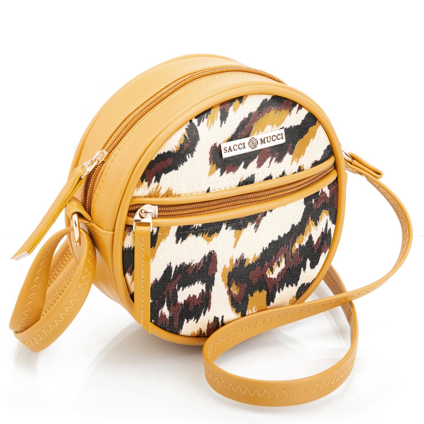 SACCI MUCCI Printed Women's Round Sling crossbody bag Handcrafted Vegan Leather Round Sling Bag | Latest Stylish Shoulder Bag - African Leopard (Mustard) - SaumyasStore