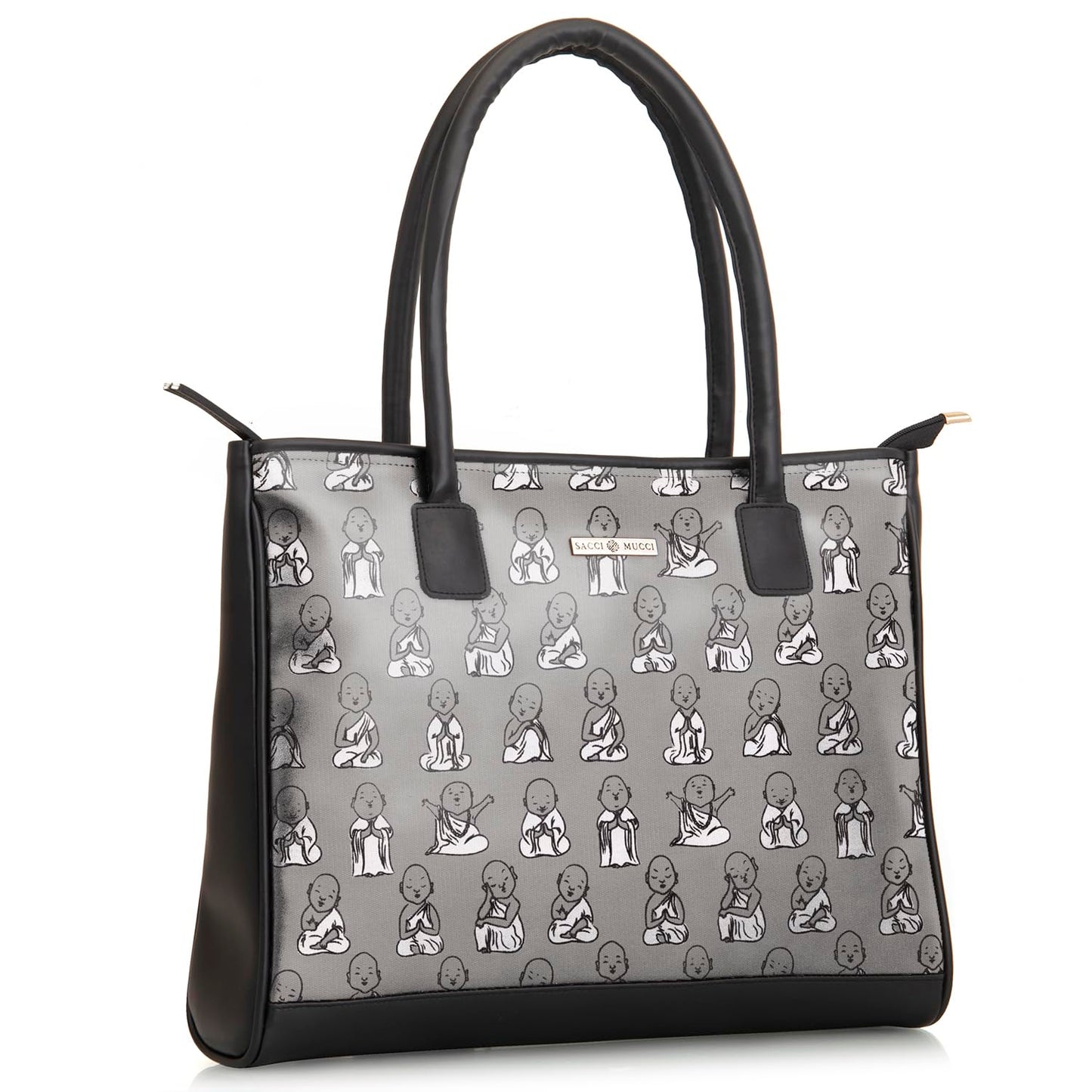 SACCI MUCCI Women's Tote Bag | Tote Bags For Women with Padded Laptop Compartment | Big Shoulder Bag for Office- Cute Monk Design Print (Black) - SaumyasStore
