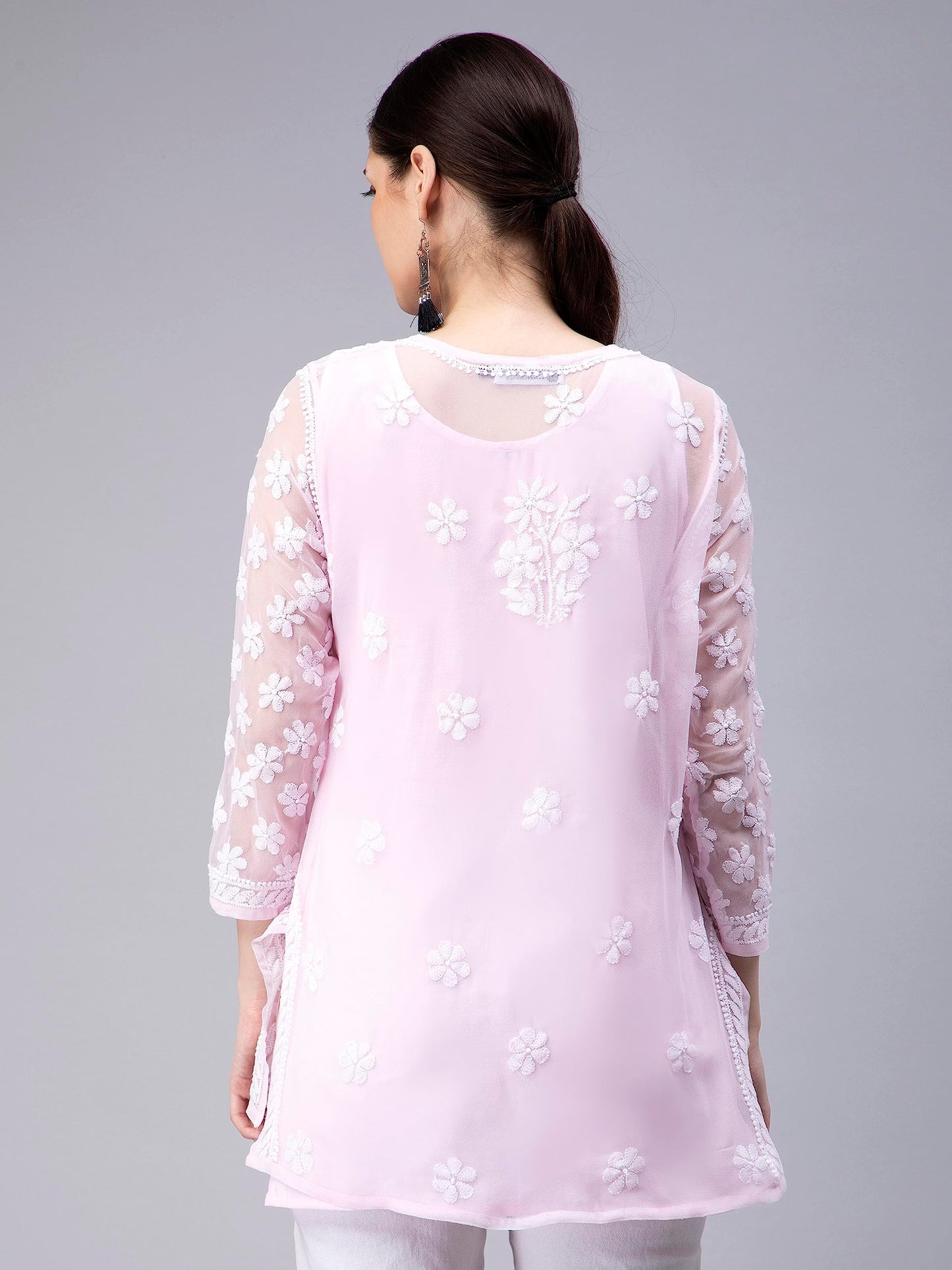 Seva Chikan Hand Embroidered Lucknowi Chikankari Pink Georgette Women Short Top & Tunic (Pink) - SaumyasStore
