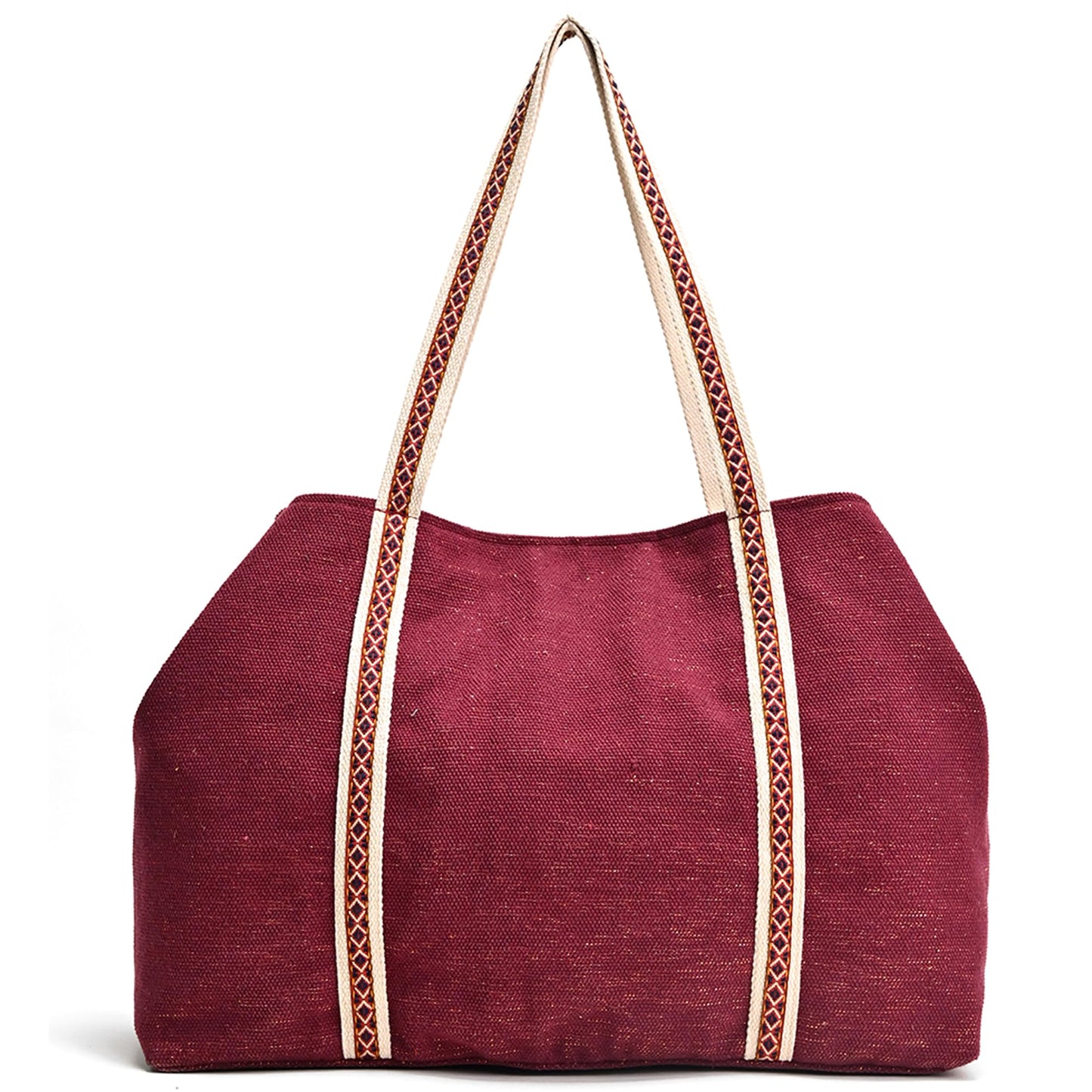 Boho Girl Geometric Beaded Maroon Tote with Pompom Tassles | Canvas Tote Bag for Women and Girls with Zip and Tassels - SaumyasStore