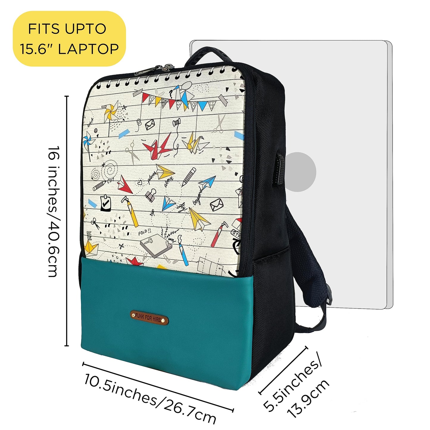 Funk For Hire Printed Leatherette 15.6" inch Laptop Backpack with USB Charging Port - White & Black - SaumyasStore