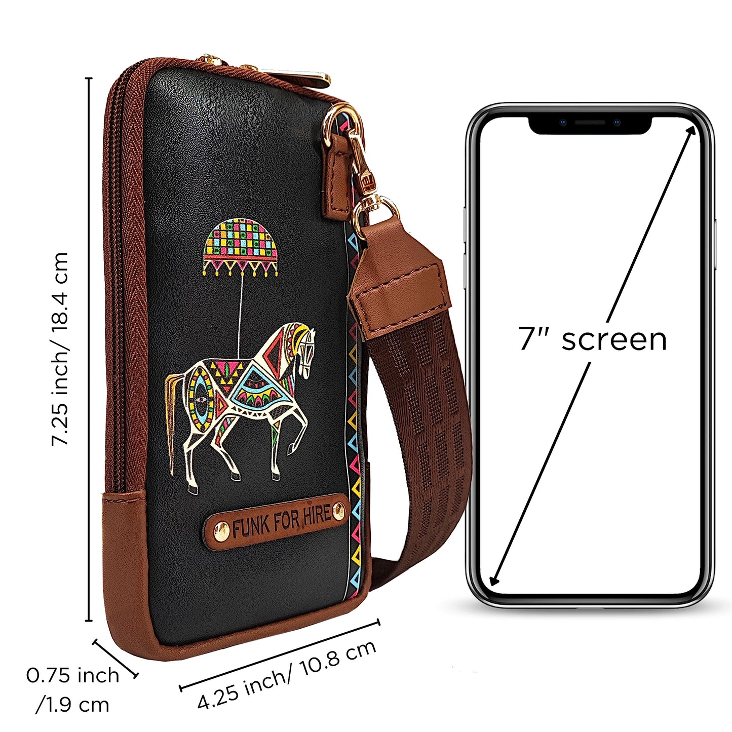 Funk For Hire Leatherette Horse Printed Mobile holder sling bag - Black and Brown - SaumyasStore