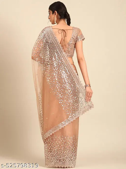 Women's Net Embroidery Work Saree With Unstitched Blouse Piece