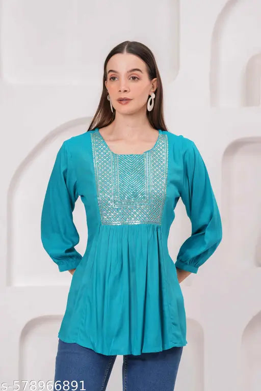 Women Tealblue Rayon Solid Embroidery Top