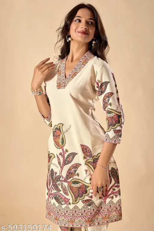 Vbuyz Women'S Off-White Floral Print Straight  Cotton Stitched Kurta With Palazzo
