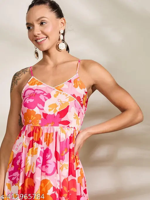 WineRed Women Pink Floral  Lace Tiered Dress