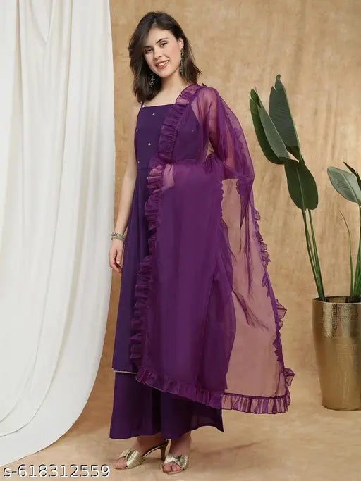 Globus Women Purple Square Neck Strappy Sleeves Sequin Detail Gotta Lace Hem A-Line Kurta With Palazzos & Frill Dupatta Festive Set