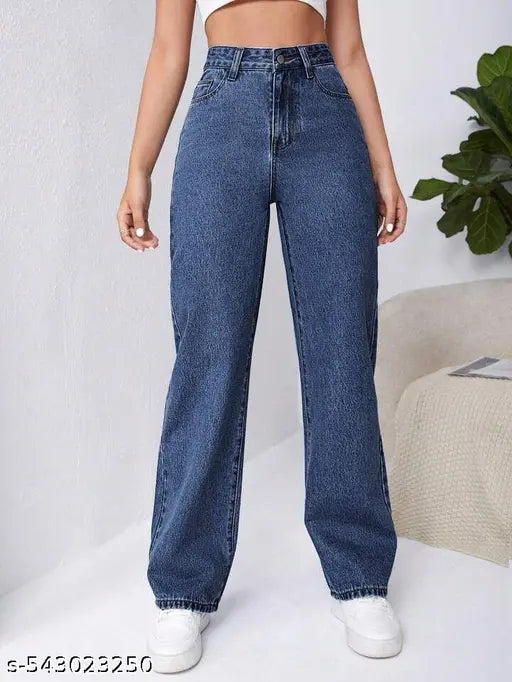 H&H Dark Blue Straight Fit High Waist Non-Stretchable Denim Jeans for Women – Casual Stylish Western Wear