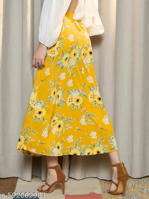 Berrylush Women Yellow & Green Floral Printed High-Rise Waist Slip-On Thigh-High Slit Straight Hem A-Line Midi Skirt