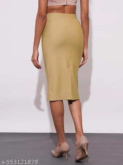 Globus Women Camel Stretchable High-Rise Back Slit Midi Workwear Pencil Skirt