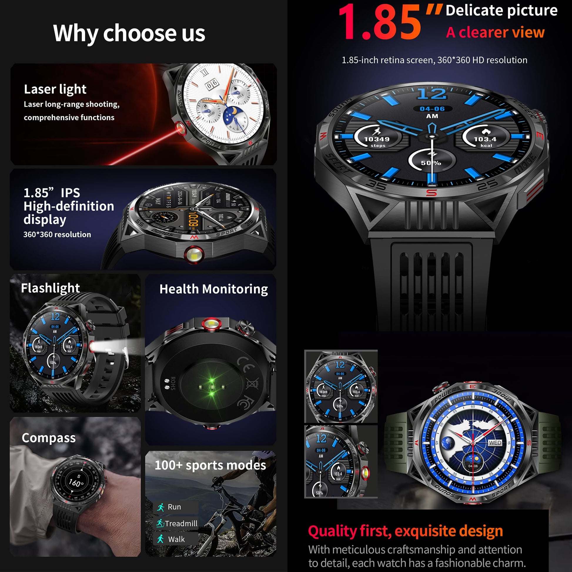 1.85”AMOLED Smart Watch for Men(Answer/Make Calls), LED Lighting, 5ATM Waterproof Fitness Watch with Heart Rate, SpO2, Blood Pressure, Bluetooth Smartwatch for Android iPhone, with 3 Bands (Black) SaumyasStore