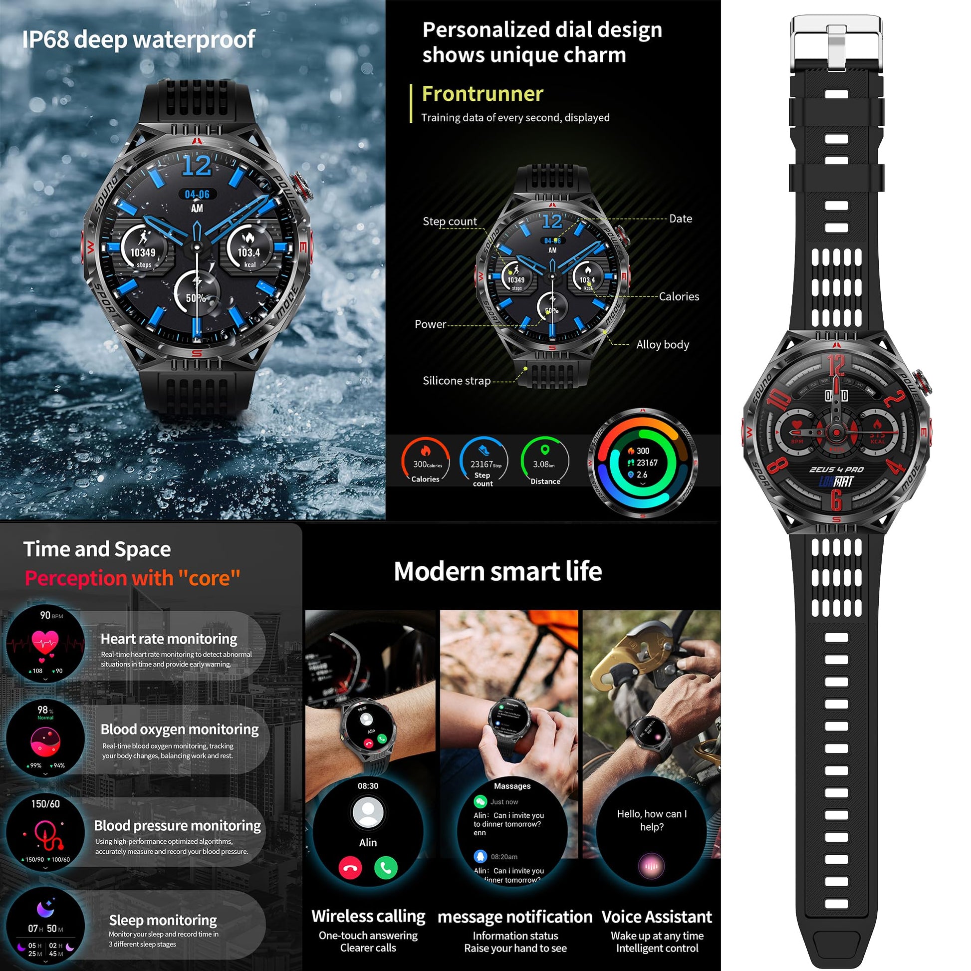 1.85”AMOLED Smart Watch for Men(Answer/Make Calls), LED Lighting, 5ATM Waterproof Fitness Watch with Heart Rate, SpO2, Blood Pressure, Bluetooth Smartwatch for Android iPhone, with 3 Bands (Black) SaumyasStore