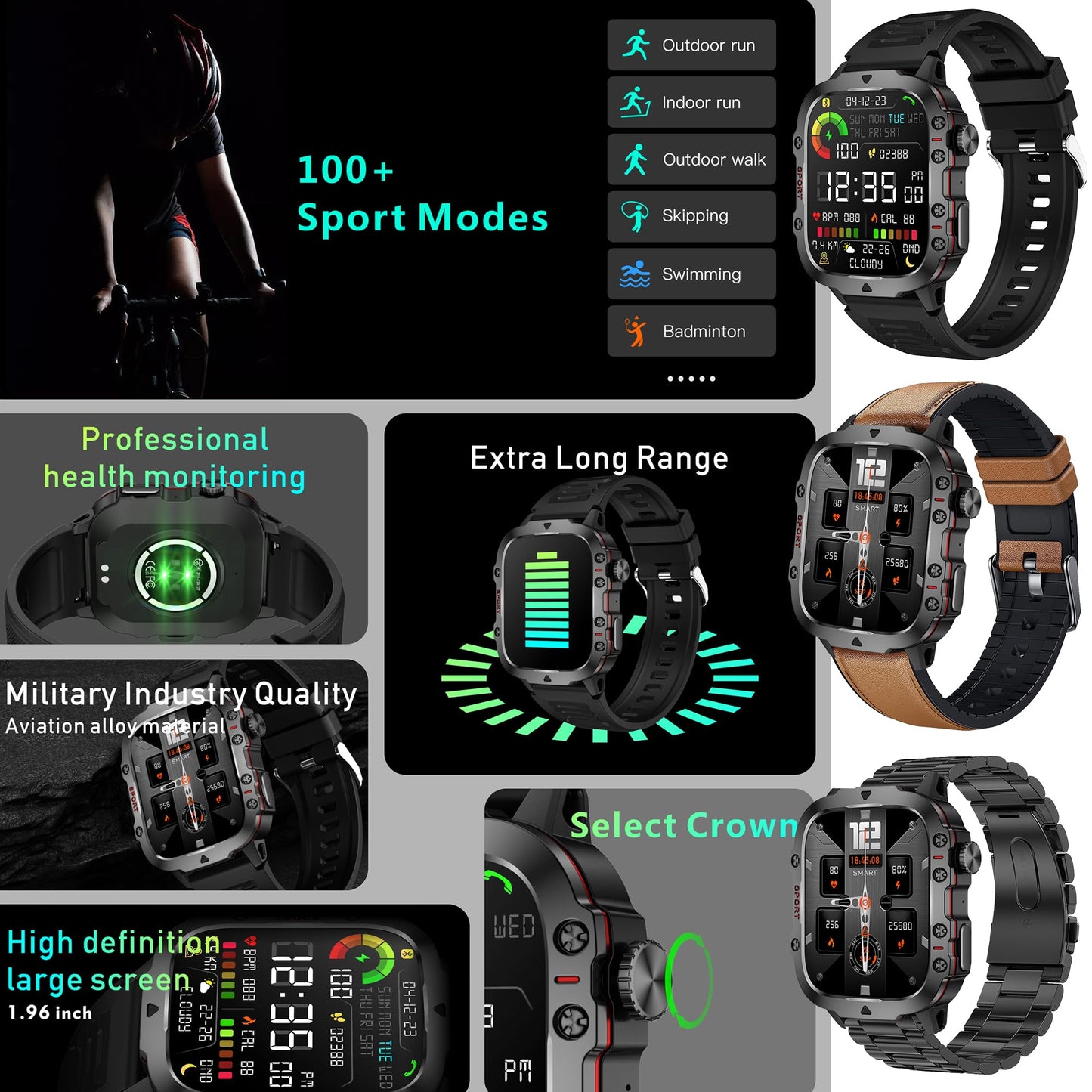 1.96" AMOLED Smart Watch for Men (Make/Answer Call), 2024 New Mens Smartwatches, Hands-Free Calling, Fitness Tracker Smartwatch for Android iPhones, Digital Watches Step Counter, 3 Straps (Brown) SaumyasStore