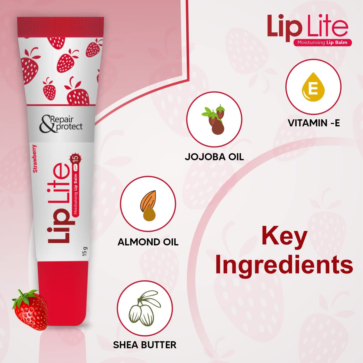 Lip Lite Strawberry Moisturising Lip Balm 15g (Pack of 8)
