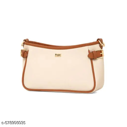 Berrylush Women Solid Beige & Brown Fabric Push-Lock Detachable Strap Embellished Regular Sling Bag