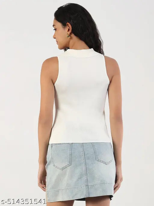 SHOWOFF Women's Solid Shirt Collar Cream Fitted Top