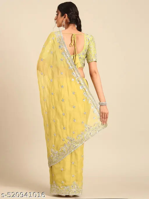 Women's Tabby Silk Embroidery Lace Border Saree With Unstitched Blouse Piece