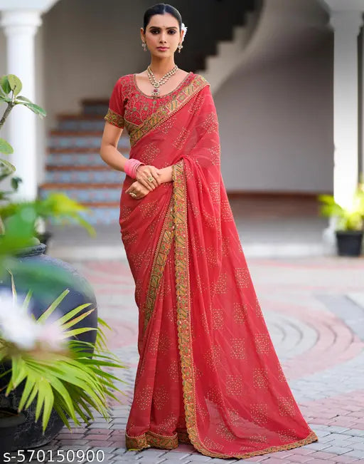 Georgette Pink & Orange Saree with Silk Blouse