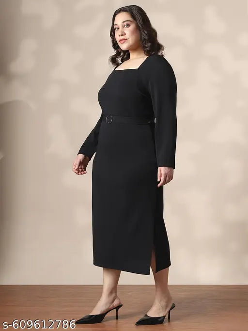 Globus Gloplus Women Black Square Neck Full Sleeves Belted Side Slit Plus Size Midi Bodycon Dress