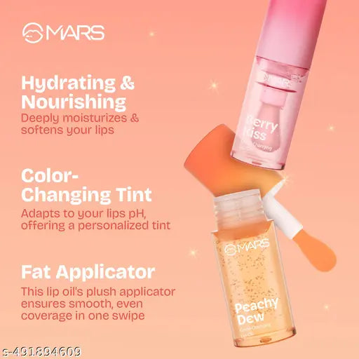 MARS Color Changing Lip Oil (3.5 ml) (04-PEACHY DEW) With Fat Applicator | Skin Nourishing Ingredients - Olive Fruit Oil, Jojoba Oil | Hydrating & Moisturising