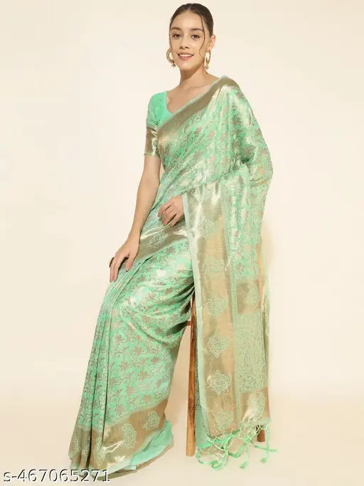 Janasya Women's Light Green Chanderi Silk Floral Saree with Unstitched Blouse Piece