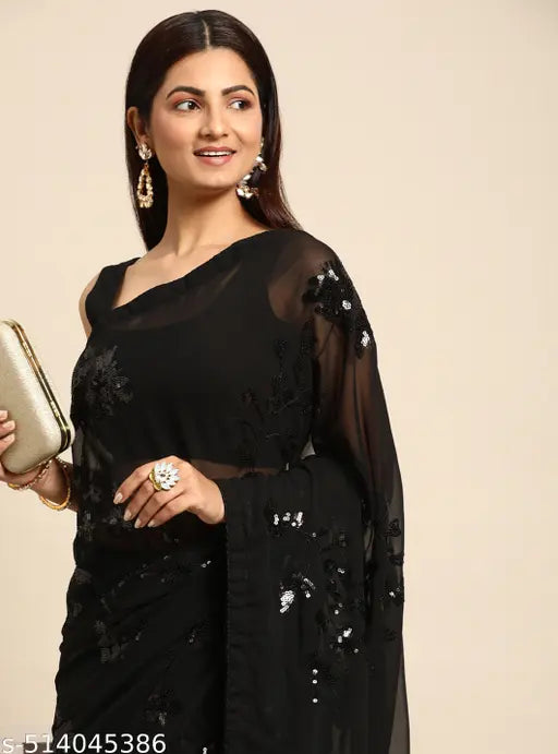 Floral Sequined Work Georgette Fabric Bollywood Style Saree