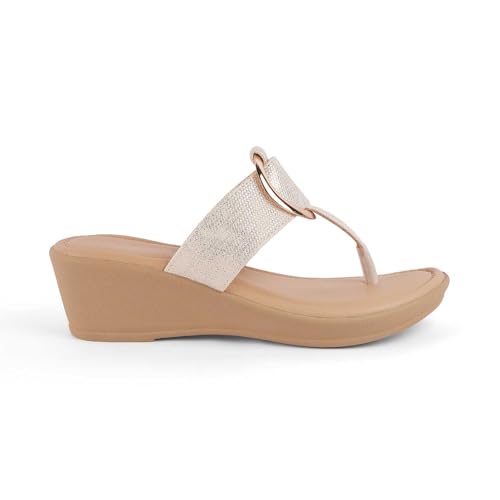 tresmode MING Women's Wedges Sandals Platform Heels Gold, 7 UK / 40 EU - Round Open Toe Comfortable Soft Footwear