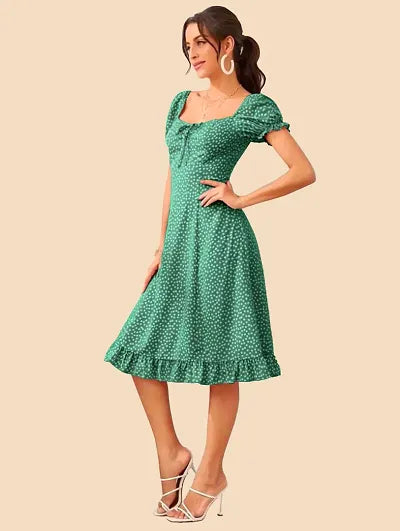 Stylish Green Polyester Printed Fit And Flare Dress For Women