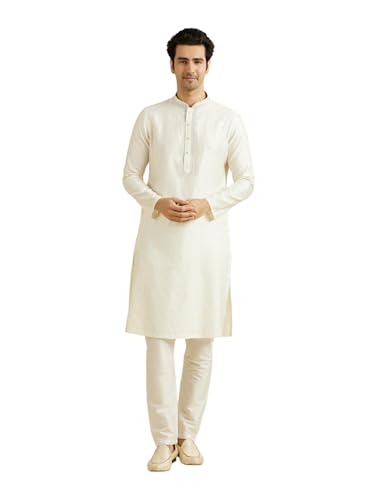 Manyavar Men's Viscose Blend Self Design Kurta Pyjama Set (Warm White,L)