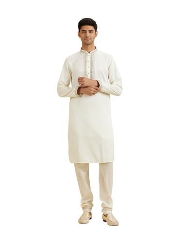Manyavar Men's Art Silk Neckline Embroidered Kurta Churidar Set(Cream,XXXL)