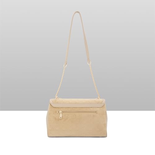 Caprese Katherine Large Monogram Velvet Sling Bag for Women | Premium Multi-Compartment Shoulder Handbag with Adjustable Strap & Zipper Closure | Perfect for Party & Travel (Alpine Oat)