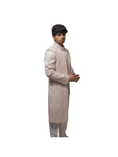 A LOYAL Men Ivory Embroidered Long (Sherwani & Achkan) ethnic wears Sherwani Set Full Sleaves, Straight, Regular Fit (XL)