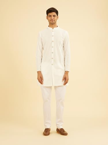 Manyavar Men's Knit Self Design Buttoned Mid Length Kurta(White,M)