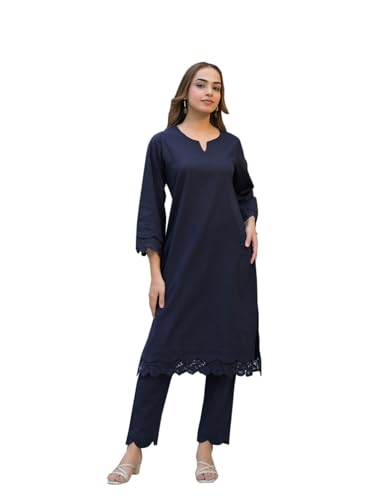 Divena Navy Blue Cotton Straight Fit Lace Border Kurta with Trouser