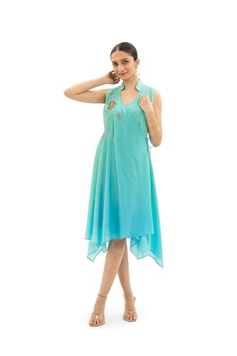 MIORAH Luxurious Pure Muslin Modal Wrap Dress featuring exquisite metal sequence with resham and zari hand embroidery (Colour - Rama Green, Size - M)