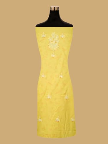 Ada Hand Embroidered Lucknowi Chikankari Unstitched Cotton Dress Material Suit Piece with Dupatta for Women 01A782873 Yellow