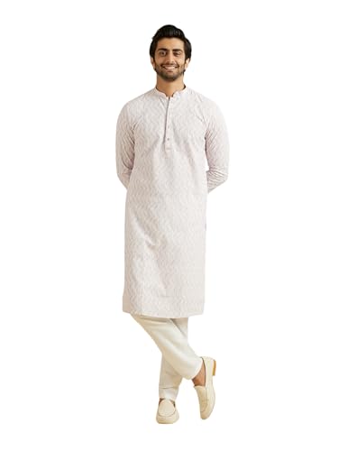 Manyavar Men's Cotton Printed Chikankari Kurta Pyjama Set (Pink,XL)