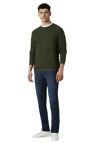 Men Olive Textured Crew Neck Sweater